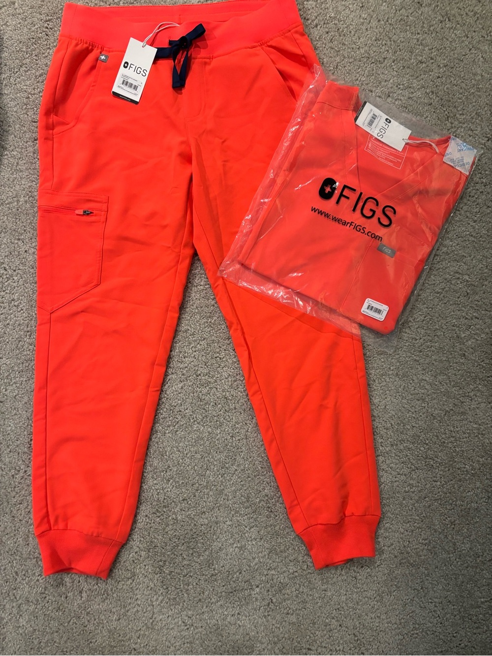 Figs Women's Scrub Joggers in Bright Coral with Navy Drawstring